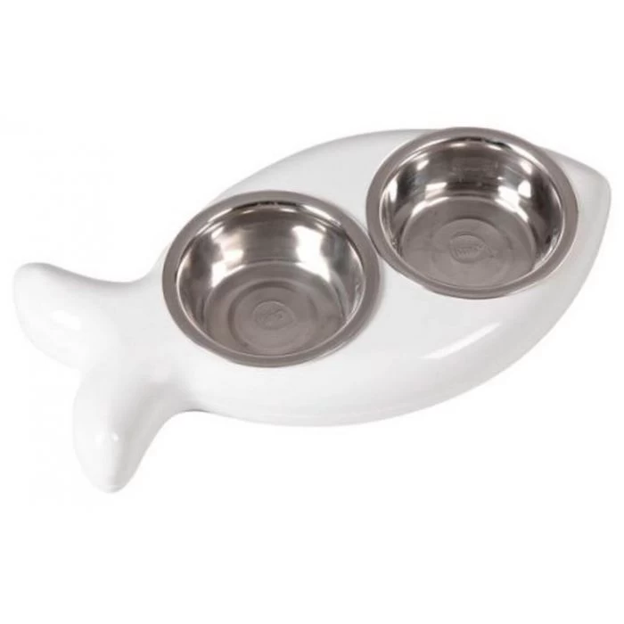 Ciotole Doppie Per Gatto A Forma Di PESCE Bianco 1 Ciotole Doppie Per Gatto A Forma Di PESCE Bianco